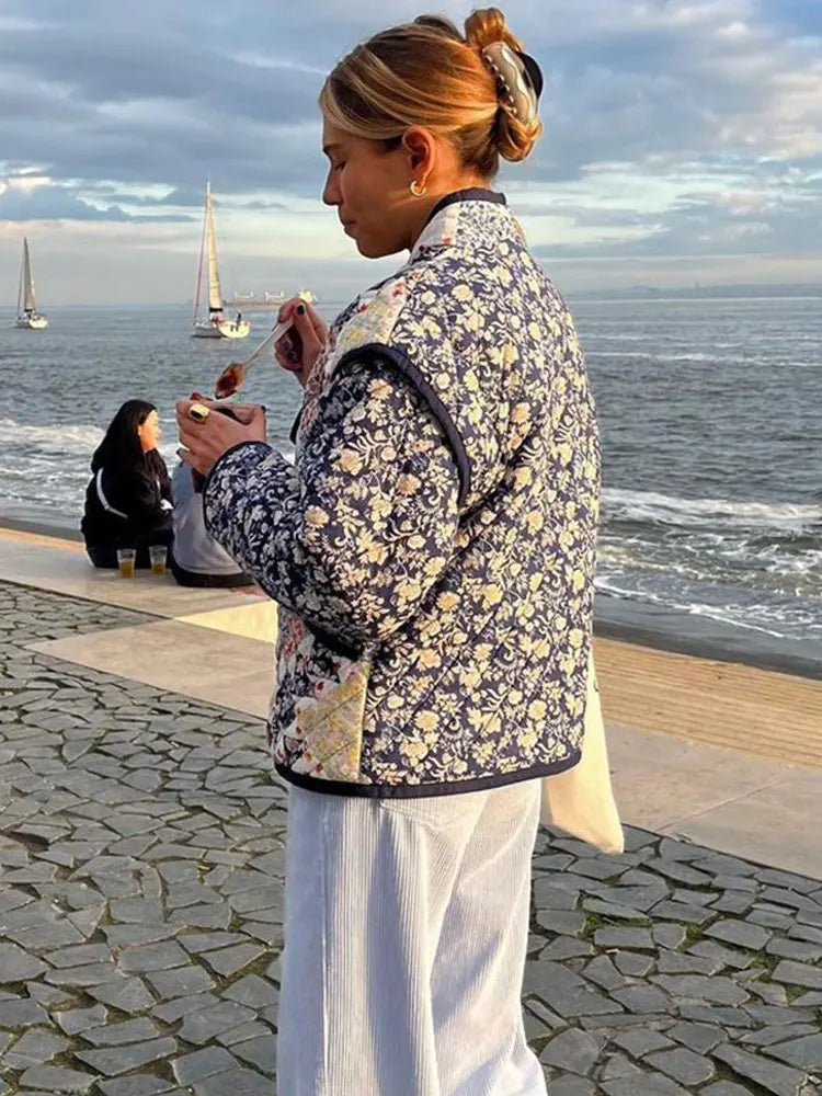 Lizakosht Print Quilted Patchwork Women Cotton Coat Long Sleeve Stand Collar Open Front Jacket Top Chic Fall Winter Casual Streetwear