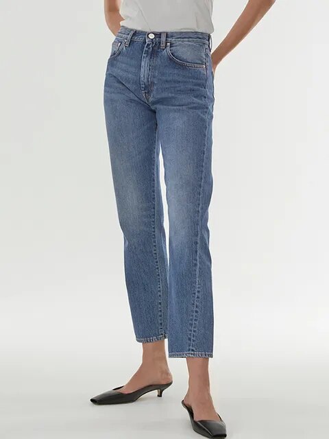 Lizakosht Rowling Nordic Casual Straight Twisted Stitch Asymmetrical Design Nine-point Small Straight Female Jeans