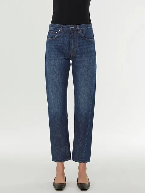 Lizakosht Rowling Nordic Casual Straight Twisted Stitch Asymmetrical Design Nine-point Small Straight Female Jeans