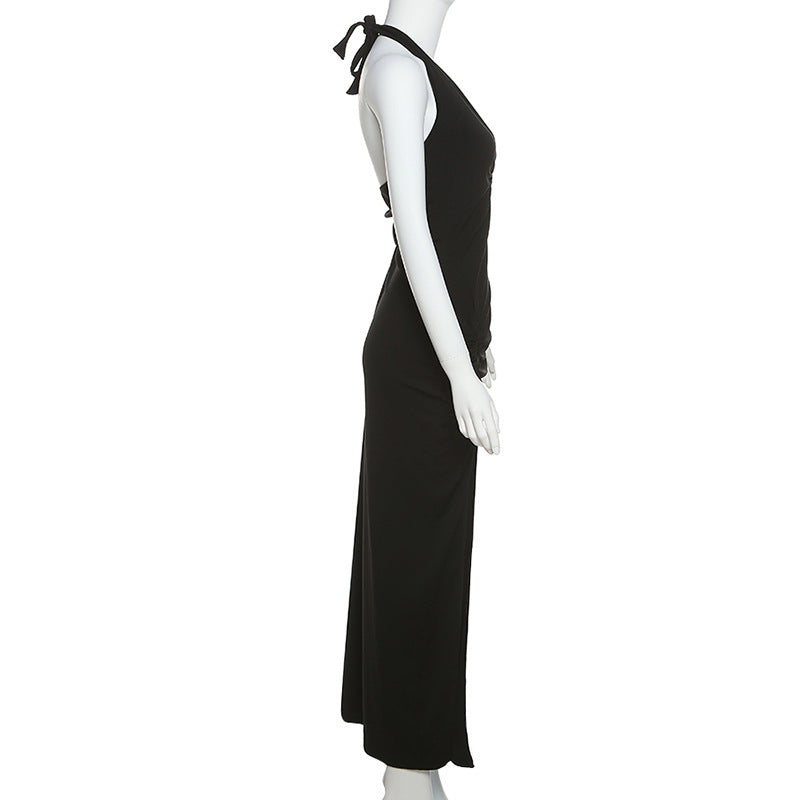 Sexy Backless Halter Dress Sleeveless Hollow Out Deep V Solid Slim Night Club Party Dresses 2022 Summer High Split Long Sundress