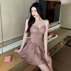Sexy Crystal Bling Sequins Nightclub Dress Women Backless Slit Metal Fabric Rhinestones Party Club Mini Dresses for Lady