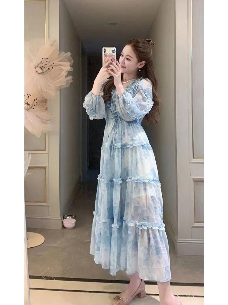 Lizakosht Long Sleeve Strenchy Wasit Ruffled Long Dress  vestidos cortos de fiesta Wedding Dresses Prom Dress Chiffon Party Dress vestido