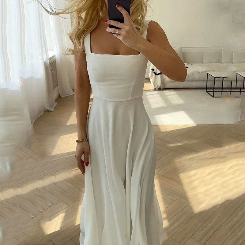 Lizakosht Women Dress Fashion Summer Sling Square Neck Sleeveless Nipped Waist Solid Elegant Loose Beach Dresses High Streetwear