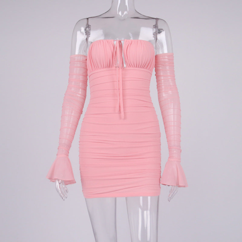 Lizakosht  Mesh Sexy Dress for Women 2022 Slash Collar Flared Sleeves Lace-up Mini Bodycon Dress Boat Neck Pleated Tight Dress