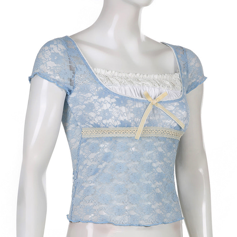 Lizakosht Women's T-Shirt Sweet Girly Pink Lace Splicing Pullover Short Top French Square Neck Tie Slim Fit