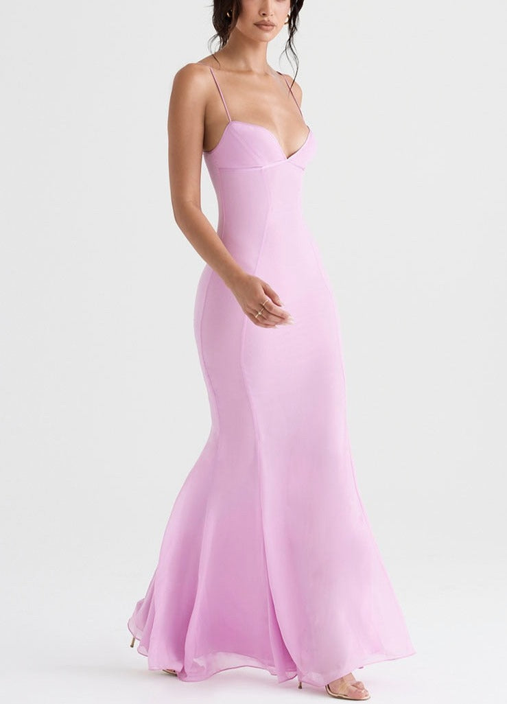 Lizakosht Women's Summer Dress V-Neck Strap Strapless Sleeveless Solid Color Dress Slim Sexy Backless Pink Dresses