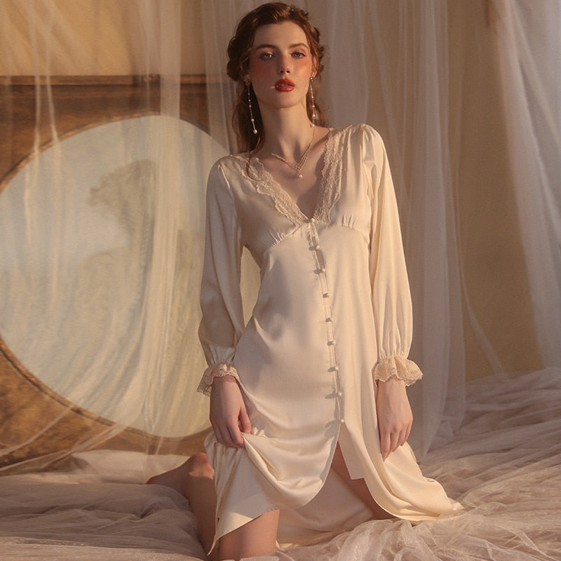 Lizakosht Lingerie Nightdress Solid Color Long Pajamas Comfortable Sweet Lace Long Sleeve Women Homewear Underwear Casual V-Neck Nightgown