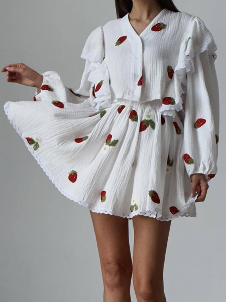 Lizakosht Home Suit Women Pajamas Cotton Linen Top Skirt Set Summer Strawberry Pattern Ruffle Long Sleeve Button Blouse Mini Skirt Outfits