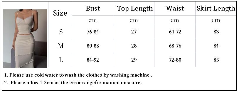 Lizakosht Casual Solid Wood Ear Skirts Set Cotton Chic Slim V-neck Bow Vest & Mid-length Skirt 2 Piece Set Rib Summer Women Outfits Suit