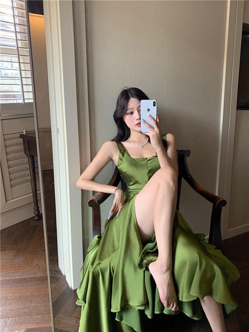 Lizakosht Imitation Acetate Satin Suspender Dress Long Dress Summer Mermaid Tail Large Hem Ruffled Holiday Dress