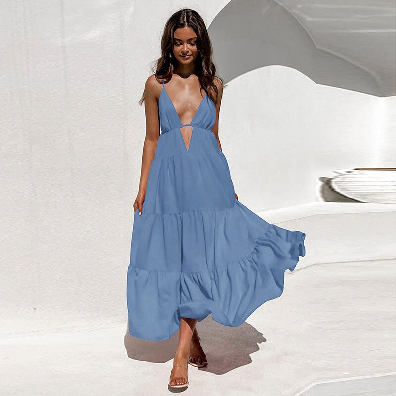 Sexy Spaghetti Strap V-Neck Sleeveless Backless Maxi Dress Summer Women Club Party Evening Dresses Vestidos Beach Cover Up A1322