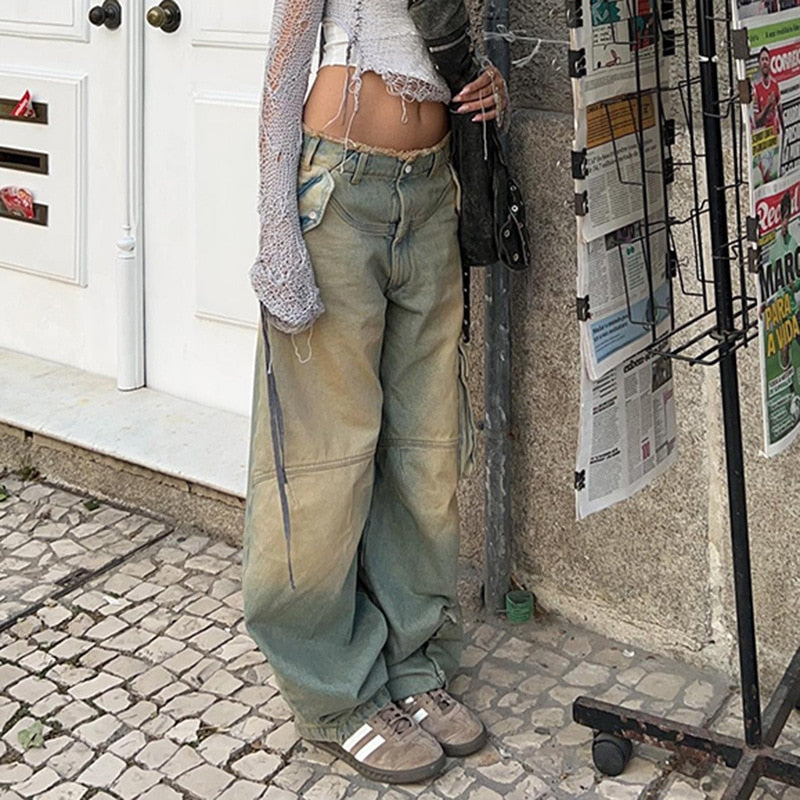 Lizakosht Retro Vintage Distressed Washed Jeans Women Low Waisted Loose Pocket Patchwork Raw Edge Straight Leg Casual Pants