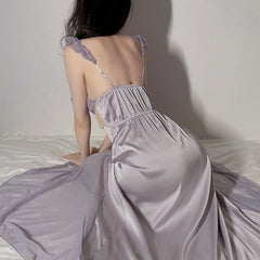 Lizakosht Woman Purple Pajamas Sleepwear Sexy Lace Nightdress Elagent V-collar Sling Bowknot Dress Skin Friendly Perspective Nightgown