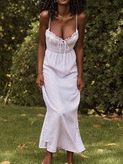 Sexy Floral Spaghetti Strap Dress Women Summer Purple Print Lace Up Elegant Slim Backless Fairycore Long Dress Party