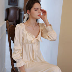 Nightgown Romantic Women Nightwear Sleep Dress  Satin Long Sleeve Sleeping Dress  Beautiful Bowknot