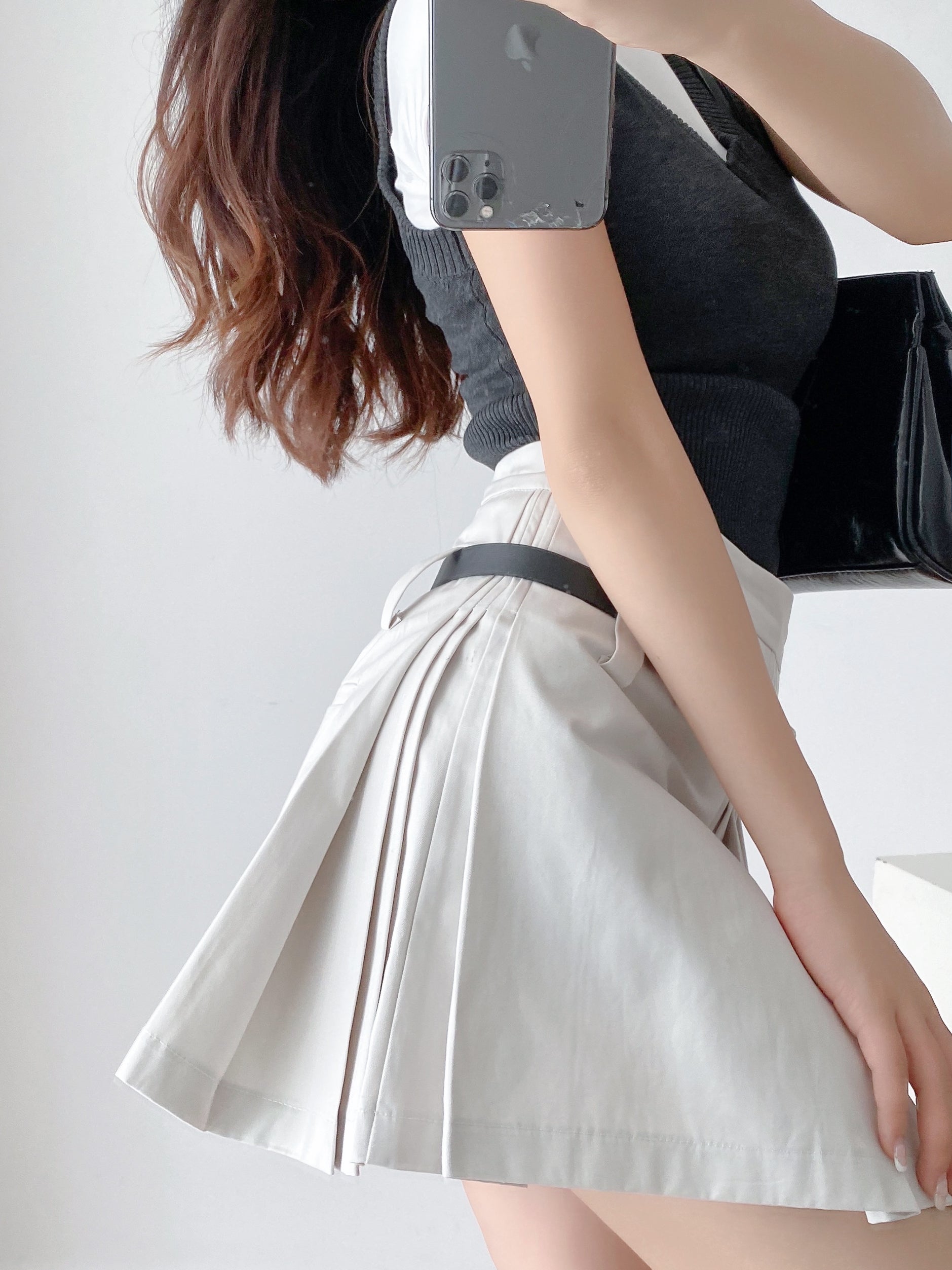 Lizakosht Vintage Summer Front Side Ruched Dropped Pleated Mini Skirt Preppy Style High Waist A-Lined Short Skirts Back Zipper