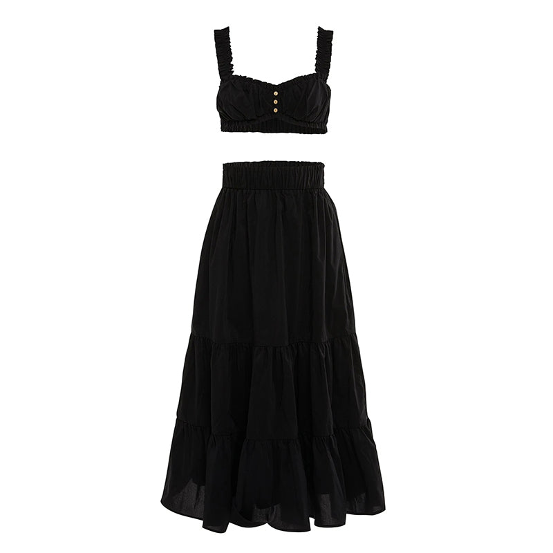 Summer Women'S Word-neck Suspenders Sleeveless Red Cropped Top Sexy Open Back Casual Black Stitching Skirt Two-piece