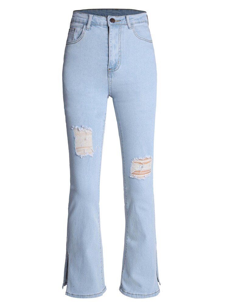 Lizakosht Sexy Ripped Jeans For Women Clothing Slid Split Flare Woman Pants Denim Full Length Middle Waist Y2k Streetwear Fashion Clothes