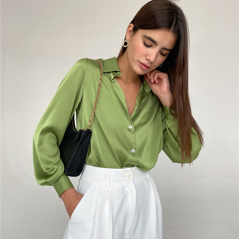 Lizakosht  Satin Shirt Spring and Summer Long Sleeve Temperament Shirt Lapel  Woman Button Up Shirt Long Sleeve Blouse Shirts Women Shirts