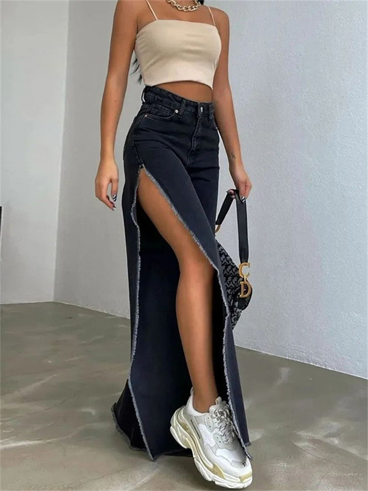 Lizakosht High Waisted Side Split Out Jeans Women Casual Loose Cargo Black Pants Streetwear Summer Wide Leg Long Baggy Y2k Jeans