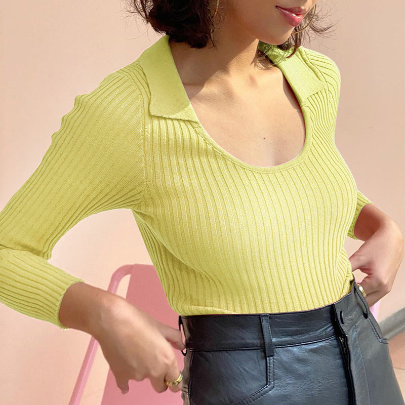 Lapel Long-sleeved Knitted Top Casual  Fall/winter New Fashion Women's Solid Color Lapel Slim Short Bottoming Shirt Women