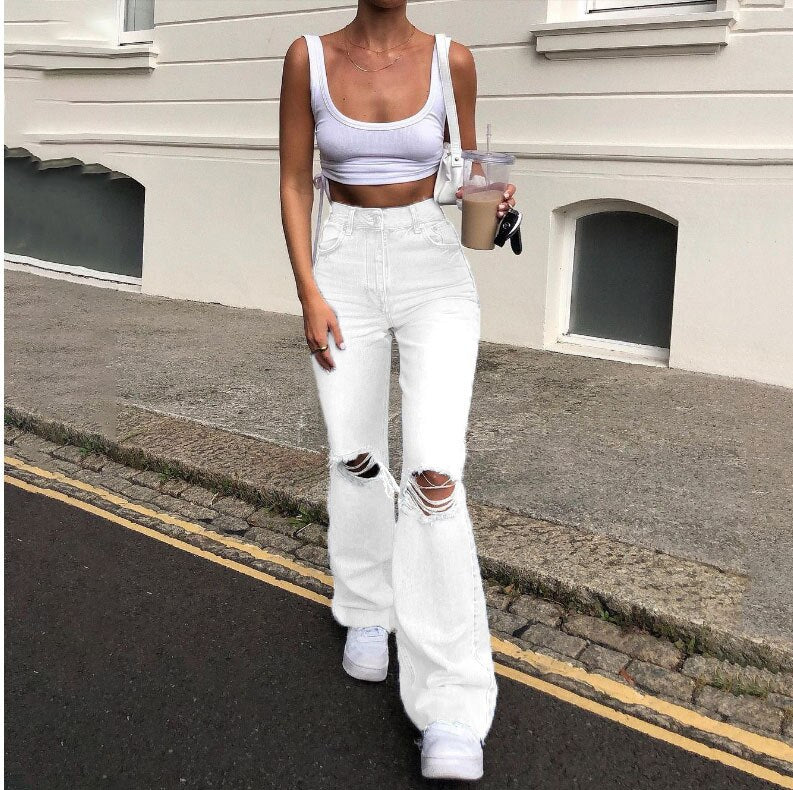 Lizakosht Cutistation Ripped Denim Jeans Woman Summer High Waist Full Length Flare Pants Wide Leg Y2k Trousers Plus Size Women Clothing