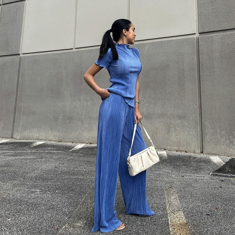 Lizakosht Summer Women's Tshirt Pleated Two Piece Set Loose High Waist Wide Leg Pants Suit Casual Elegant Office Lady Female Outfits