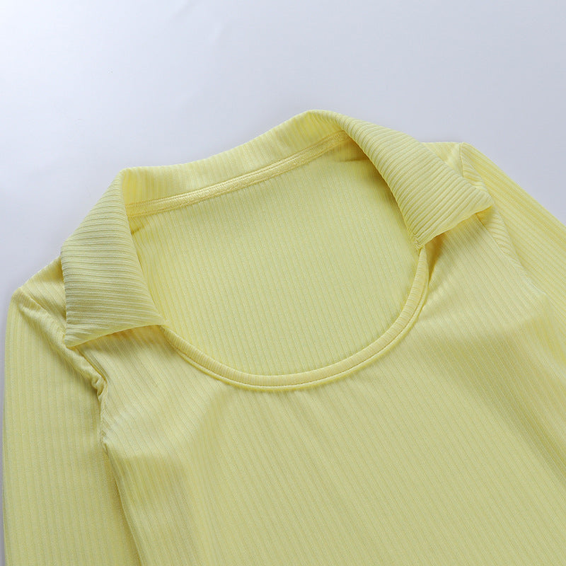 Lapel Long-sleeved Knitted Top Casual  Fall/winter New Fashion Women's Solid Color Lapel Slim Short Bottoming Shirt Women