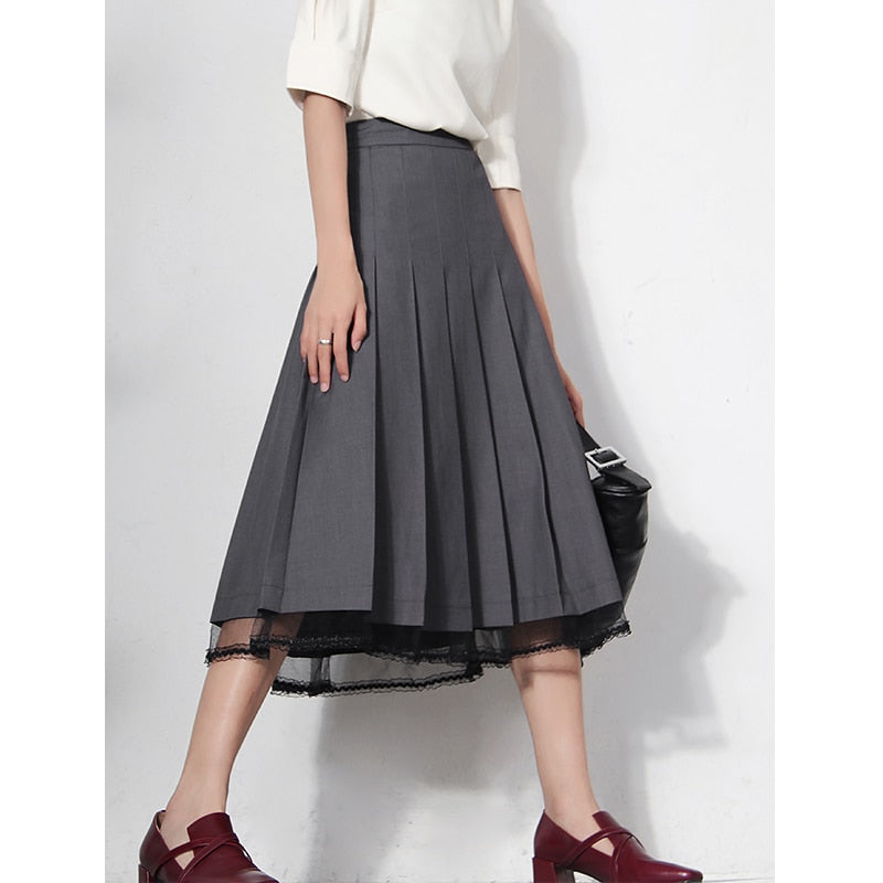 Lizakosht Women's Skirts  New Grey Lace Stitching Pleated High Waist A-Line Midi Skirts Commuter Free Shipping
