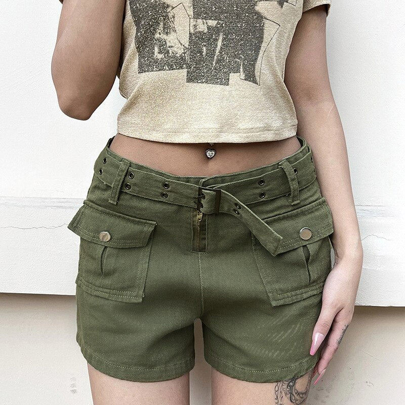 Lizakosht Summer Pocket Stitching Overalls Casual Shorts Women's Summer Belt Low Waist Jeans Hot Pants