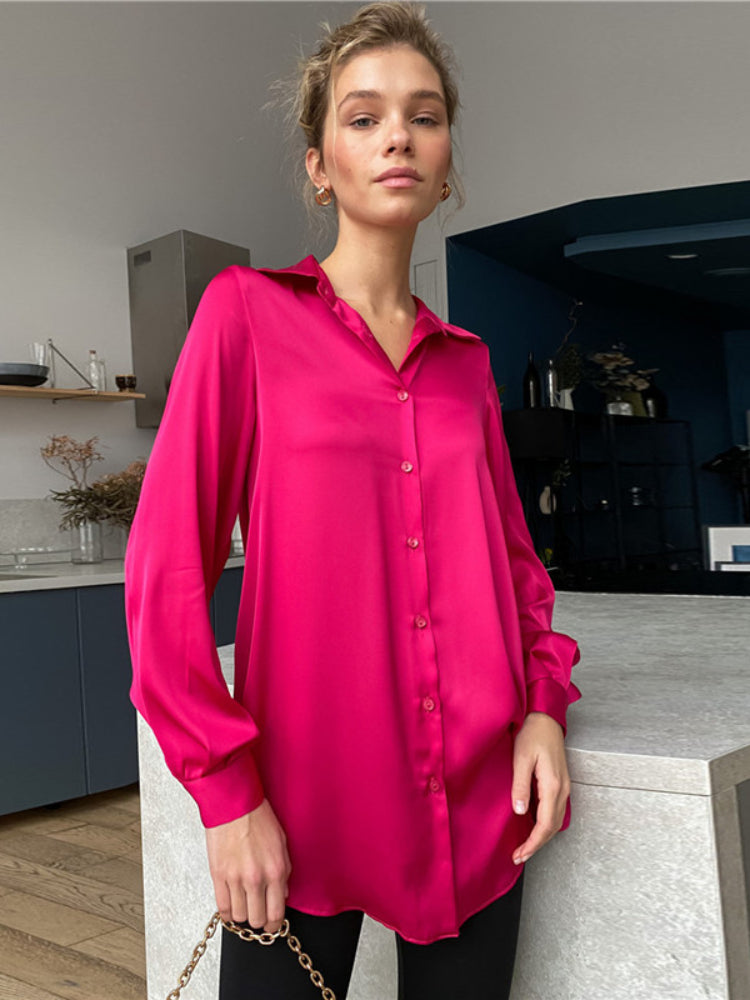 Lizakosht  Satin Shirt Spring and Summer Long Sleeve Temperament Shirt Lapel  Woman Button Up Shirt Long Sleeve Blouse Shirts Women Shirts