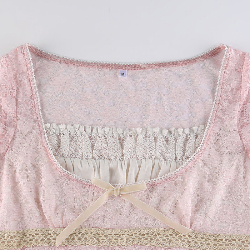 Lizakosht Women's T-Shirt Sweet Girly Pink Lace Splicing Pullover Short Top French Square Neck Tie Slim Fit