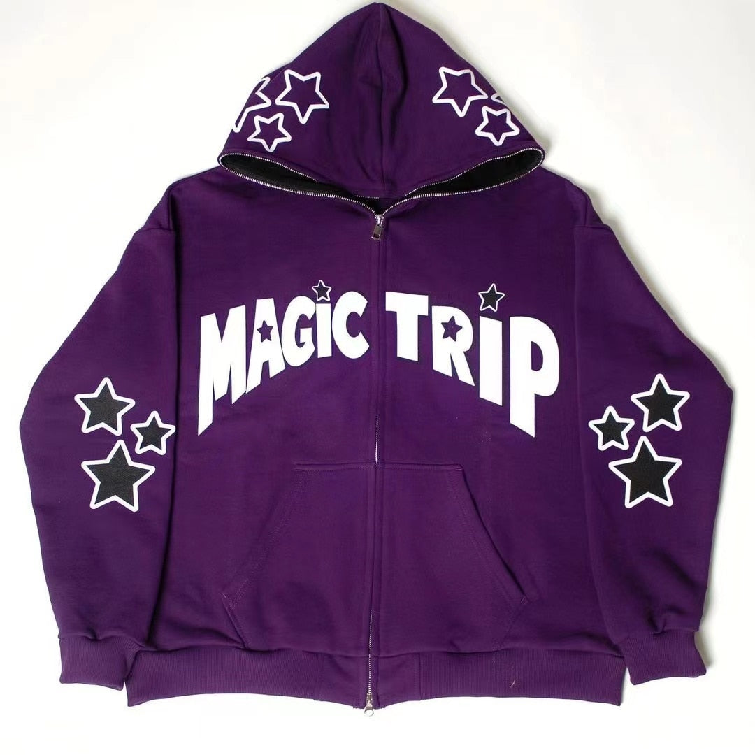 Retro Star Pattern Hoodie women Velvet Sweatshirt Women new autumn winter Double Pocket Loose Long Sleeve hiphop Zipper Jacket