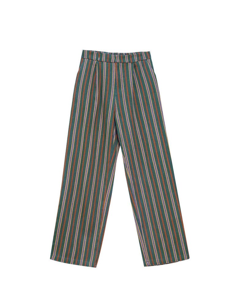 LIZAKOSHT  -  Vintage Retro Green Striped Print Wide Leg Pants Women Korean Style Oversize High Elastic Brown Trousers for Female 2022