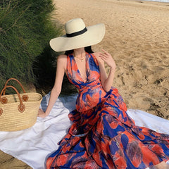 Lizakosht  Summer Backless Beach Long Maxi Dress Vintage Cascading Ruffles Deep V Neck Sexy Floral Print Party Dress Sleeveless Design F242
