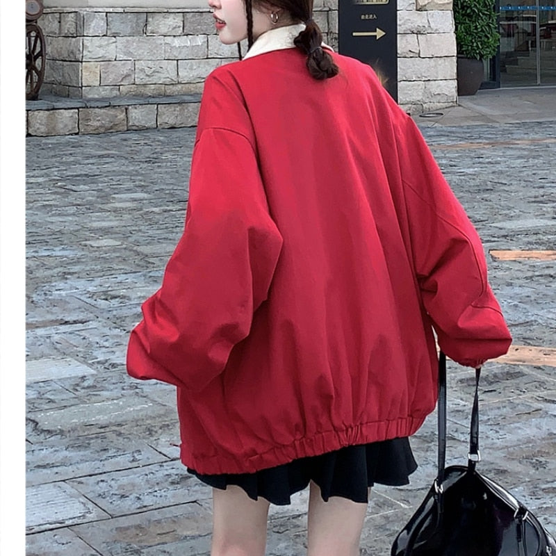 Lizakosht Women's American Red Loose Long Sleeve Cardigan Coat Spring Autumn New Chic Sports College Neutral Female Zipper Thin Jacket
