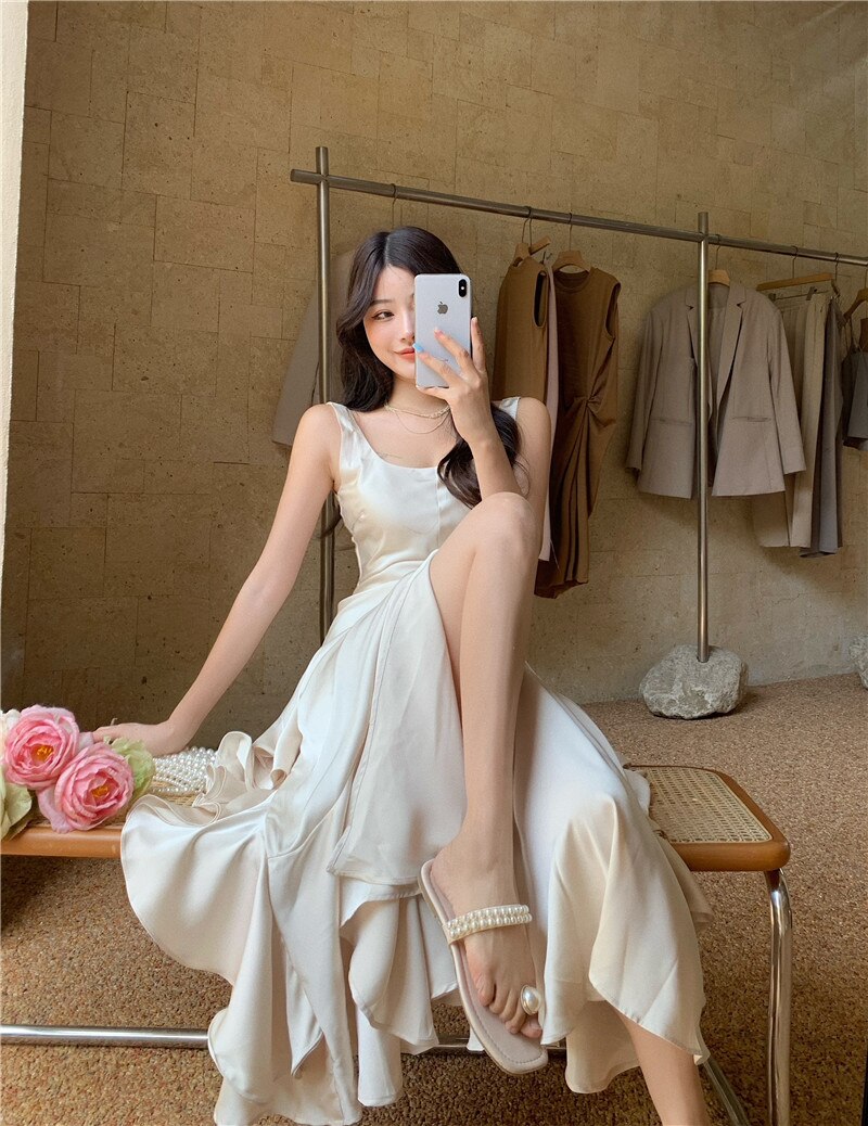 Lizakosht Imitation Acetate Satin Suspender Dress Long Dress Summer Mermaid Tail Large Hem Ruffled Holiday Dress