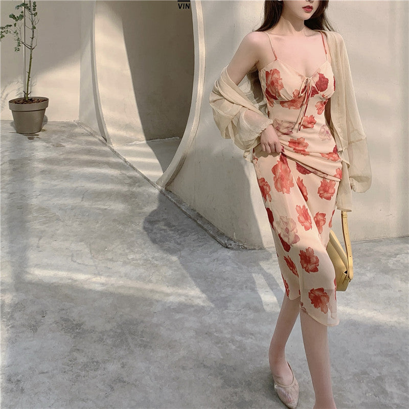 Lizakosht French Vintage Strap Dress Women Sweet Elegant Sleeveless Sexy Floral Dress Female Casual V-neck Beach Party Dress Summer 2021