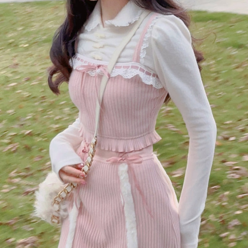 Lizakosht Pink Lolita Crop Tops Bow Slim Tanks Vest Korean Girls Kawaii Sleeveless Shirts Women Sweet Lace Ruffles Knitted Camis Summer