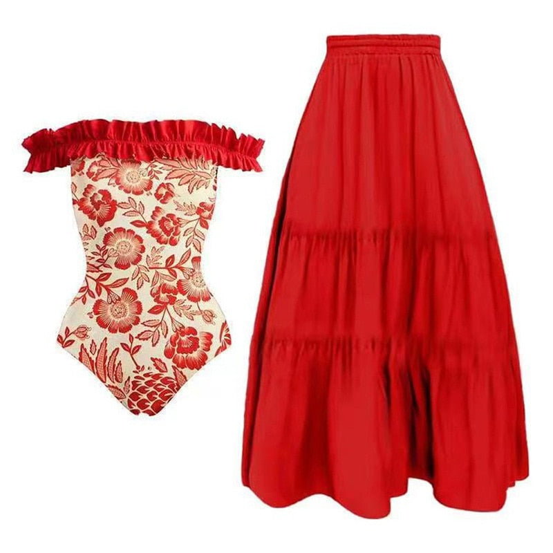Lizakosht New Red Printed One-piece Swimsuit Women's Vacation Beach Sunscreen Cardigan Swimwear Hollow Out Swimsuit Cover Up Dress