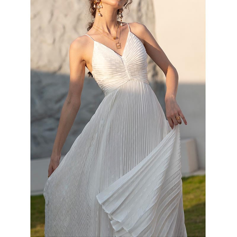 Lizakosht White Elegant Maxi Dress Bodycon Women Sleeveless Deep V Neck Sexy Vestido Party Spaghetti Summer Vacation Pleated Clothing
