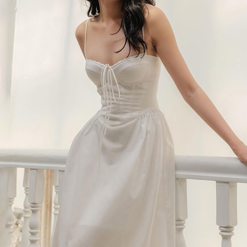 Lizakosht  Women's White Dress Low Cut Sling Dress Feminine Waist White Long Dress