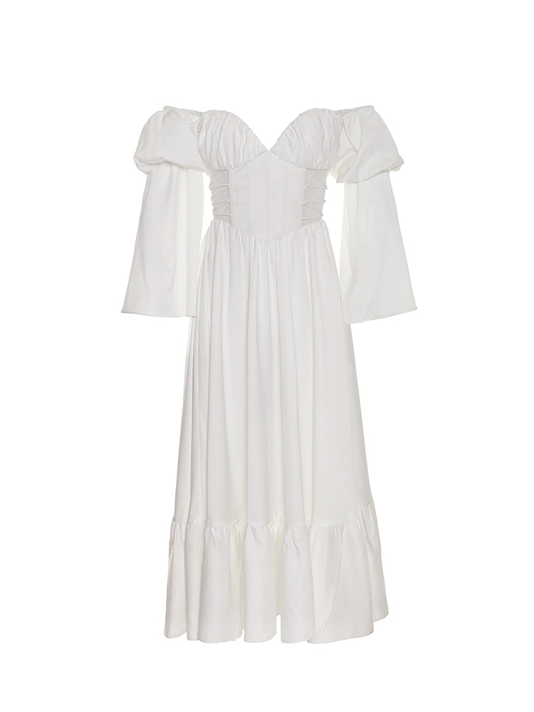 Summer Women'S Dress One Word Neck Slanted Shoulder Long Sleeve Fishbone Solid Color Dress Casual Pastoral White Backless Dress