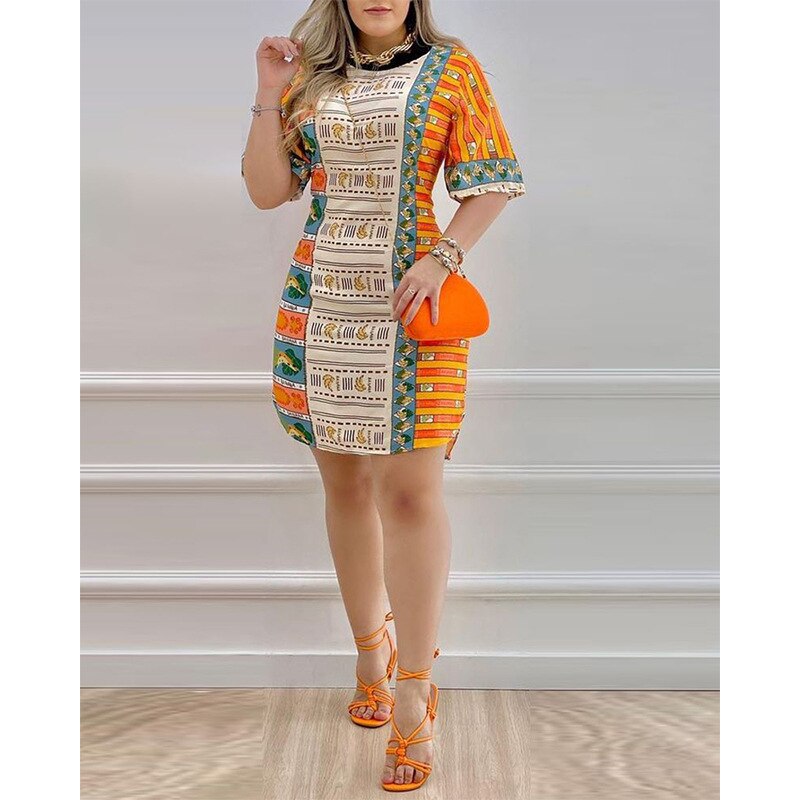 Spring Summer New Irregular Dress Fruit Printed Short Skirt Women's Clothing Mini Dress Half Sleeve High Waist