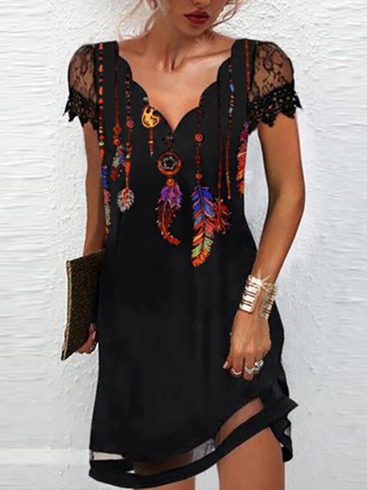 Lizakosht   Women Elegant Dresses Summer V Neck Lace Short Sleeve Dress Sexy Printed Plus Size Female Dresses Black Party Dress Vestidos