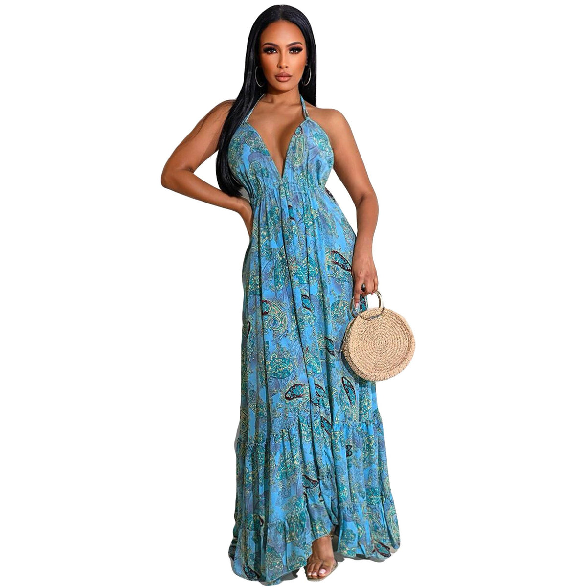 Lizakosht Hot Bohemian Chiffon Retro Print Holiday Sexy Young Fashion Halter Backless Off Shoulder Women Long Loose Dress