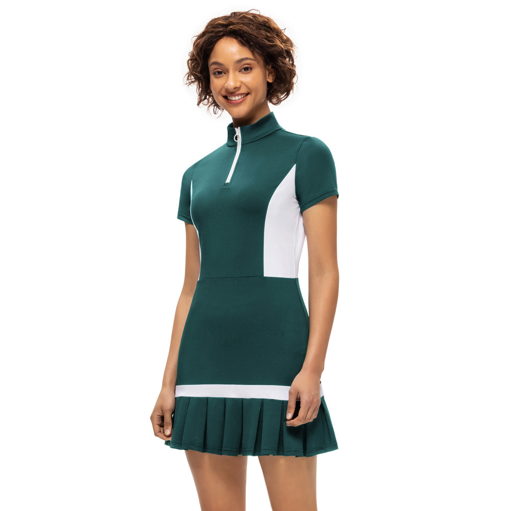 JS Women Mini Dress Tennis & Golf Contrast Color Sports Dress Fashion Summer New Short Sleeve Zipper Stand Collar Dress + Boxer