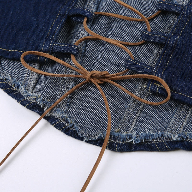 Lizakosht Harajuku Denim Camisoles Women Summer Single-Breasted Vest Tank Tops Lace Up Back Punk Vest Streetwear Jeans Cropped Tops