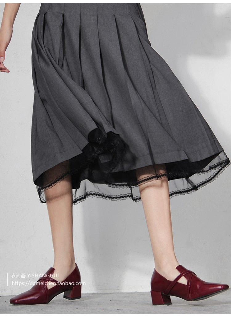 Lizakosht Women's Skirts  New Grey Lace Stitching Pleated High Waist A-Line Midi Skirts Commuter Free Shipping