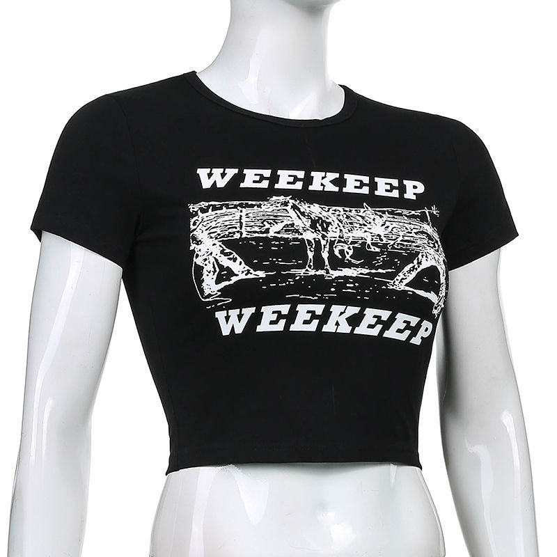 HOUZHOU Grunge Black T Shirt Women Y2k Crop Top Summer Sexy Vintage Print O-Neck Casaul Short Sleeve T-Shirts Kpop Streetwear